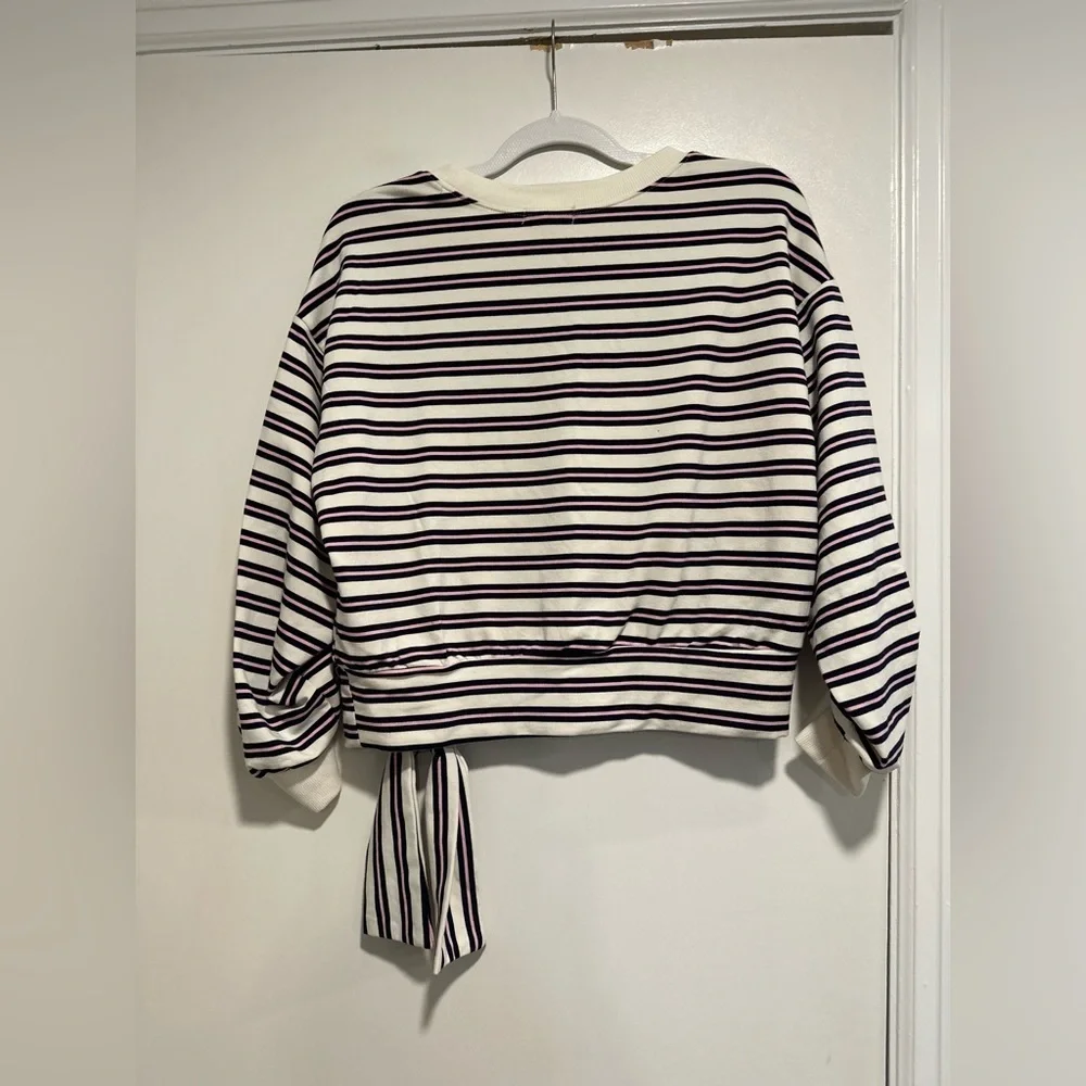 NWOT Kensie Womens Sz:S striped tie-waist ruched sleeve Pullover sweatshirt.